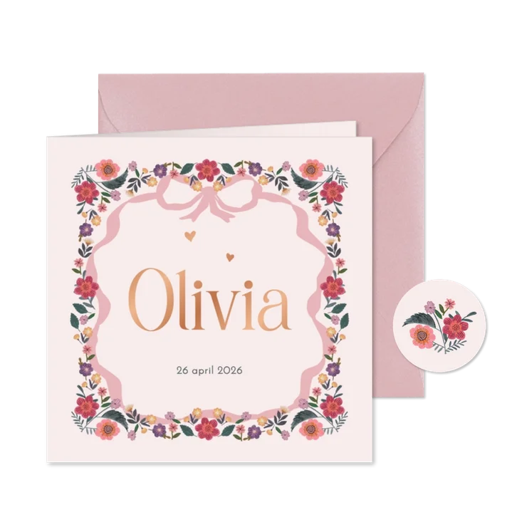 Geboortekaartje bloemen en roze strik vierkant