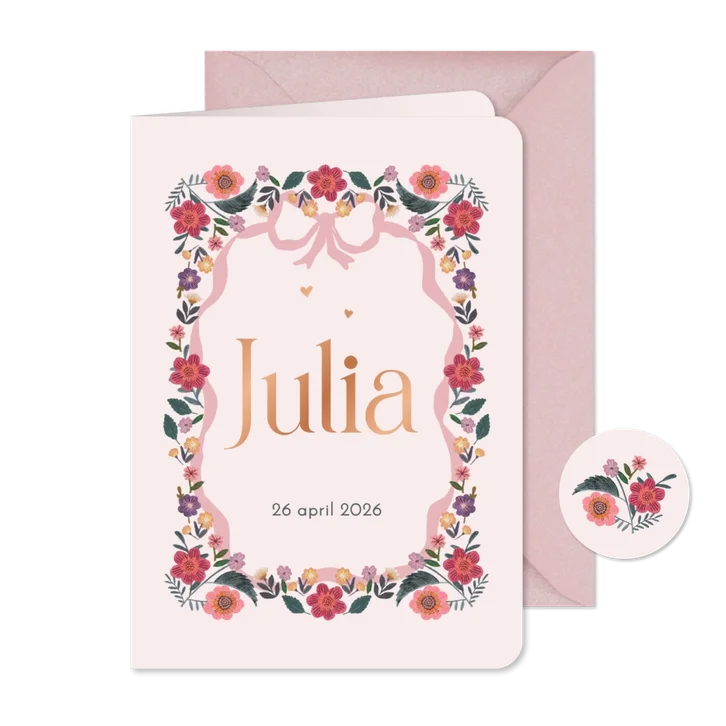 Geboortekaartje bloemen en roze strik