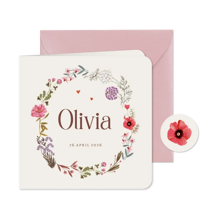 Geboortekaartje bloemen krans rond