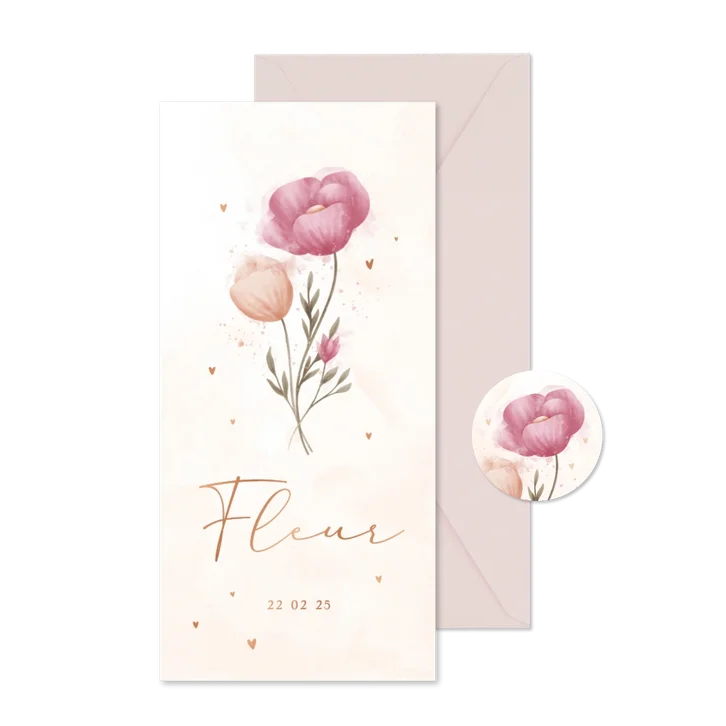 Geboortekaartje bloemen met koperen hartjes waterverf