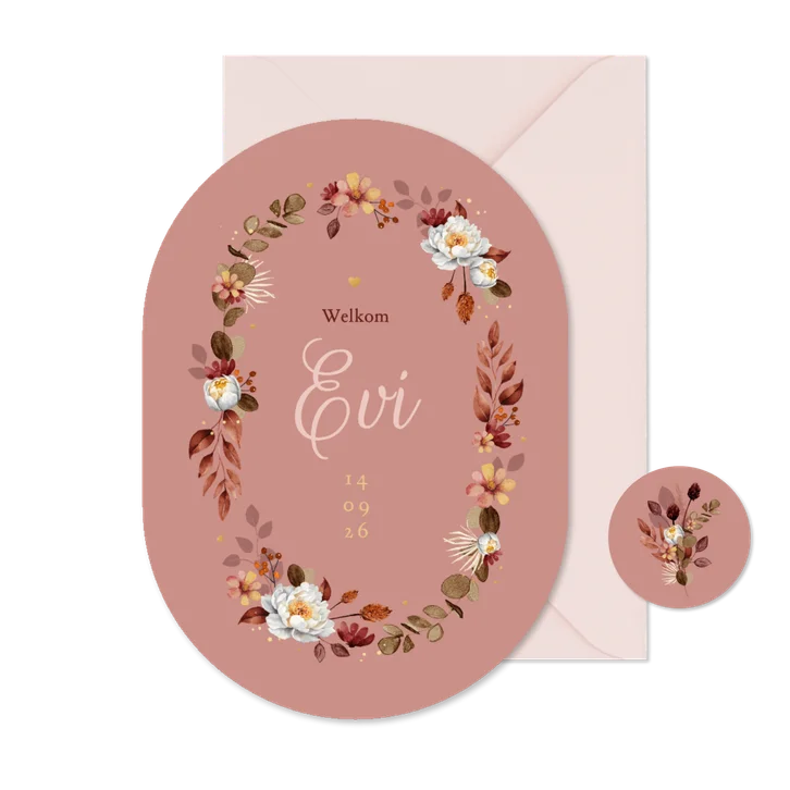 Geboortekaartje bloemen oudroze goud stijlvol ovaal