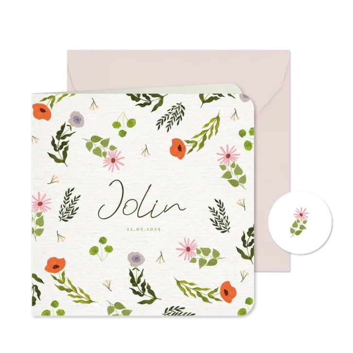 Geboortekaartje bloemetjes patroon groen roze meisje