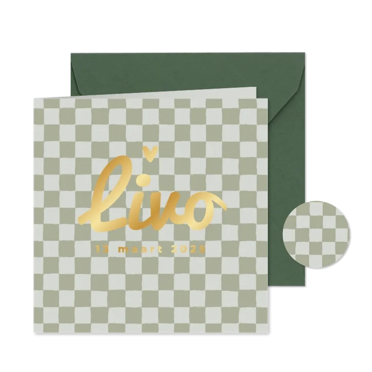 Geboortekaartje blokjes ruitjes hip goud stoer groen