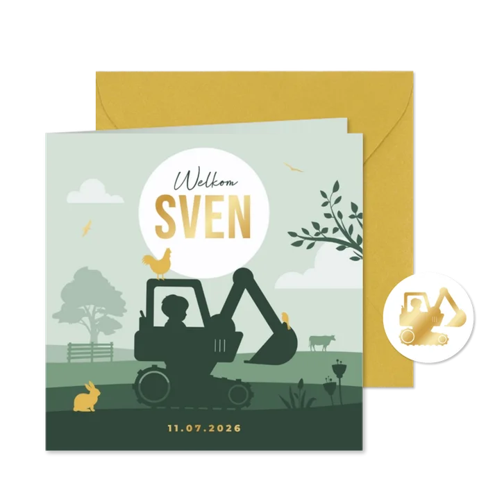 Geboortekaartje boerderij graafmachine silhouet jongen
