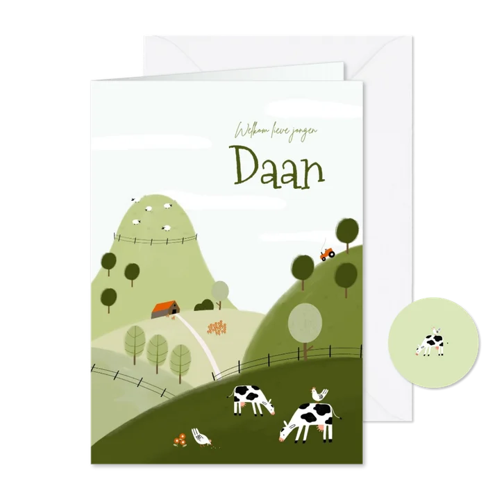 Geboortekaartje boerderij koe schaap kip heuvels 