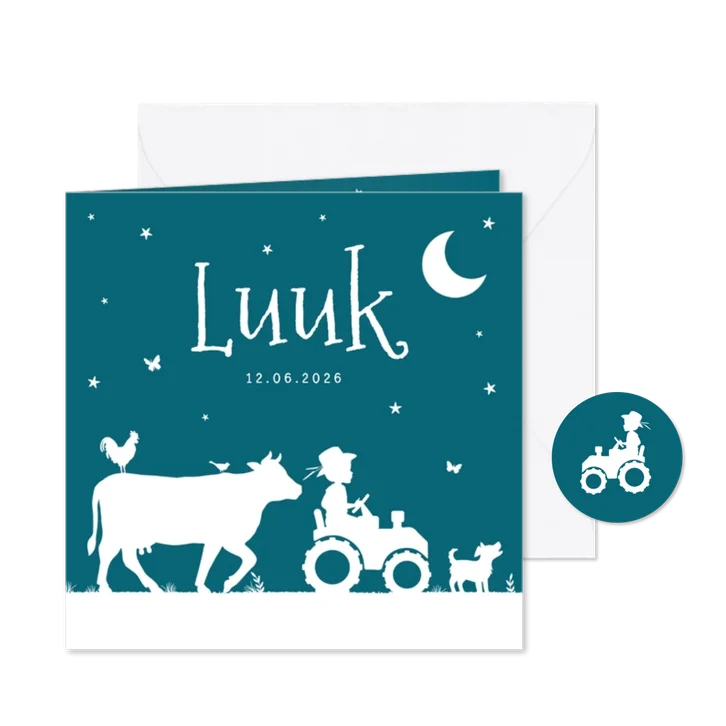Geboortekaartje boerderij tractor dieren silhouet maan