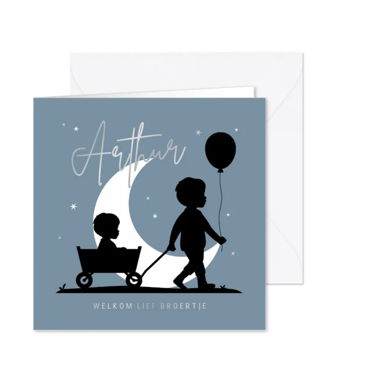 Geboortekaartje bolderkar broertje silhouet maan 