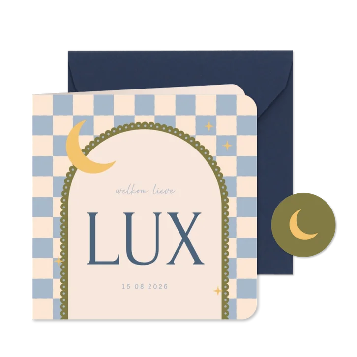 Geboortekaartje boog blauw groen ruitjes met maan modern