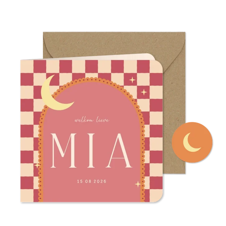 Geboortekaartje boog roze oranje ruitjes met maan