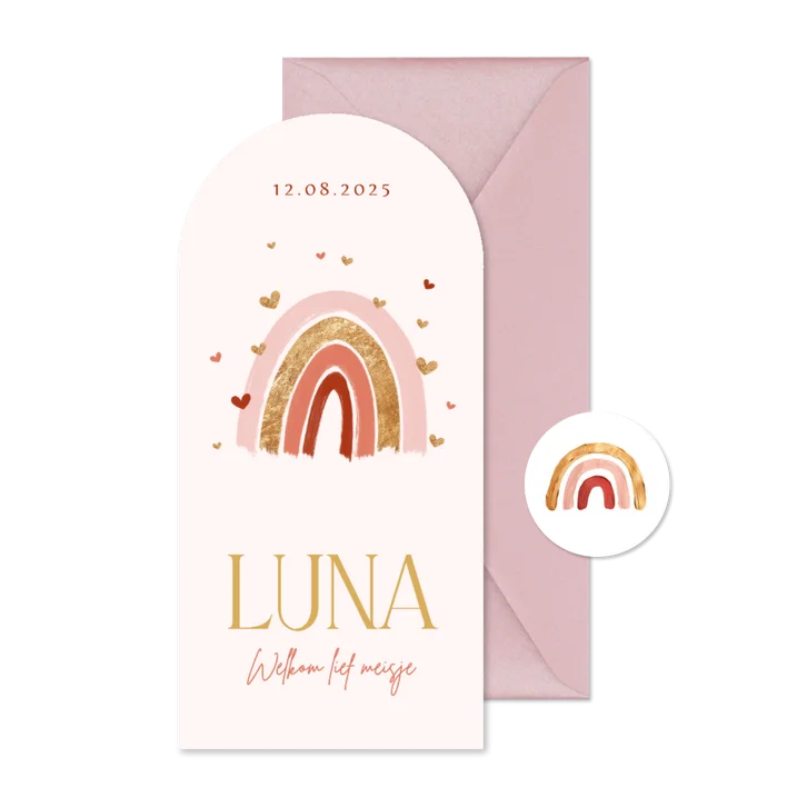 Geboortekaartje boogkaart regenboog roze hartjes goud