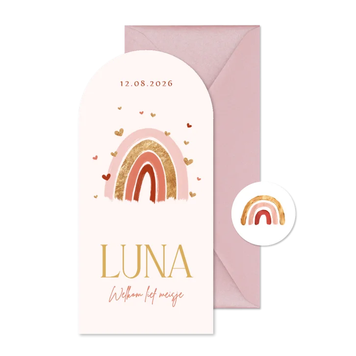 Geboortekaartje boogkaart regenboog roze hartjes goud