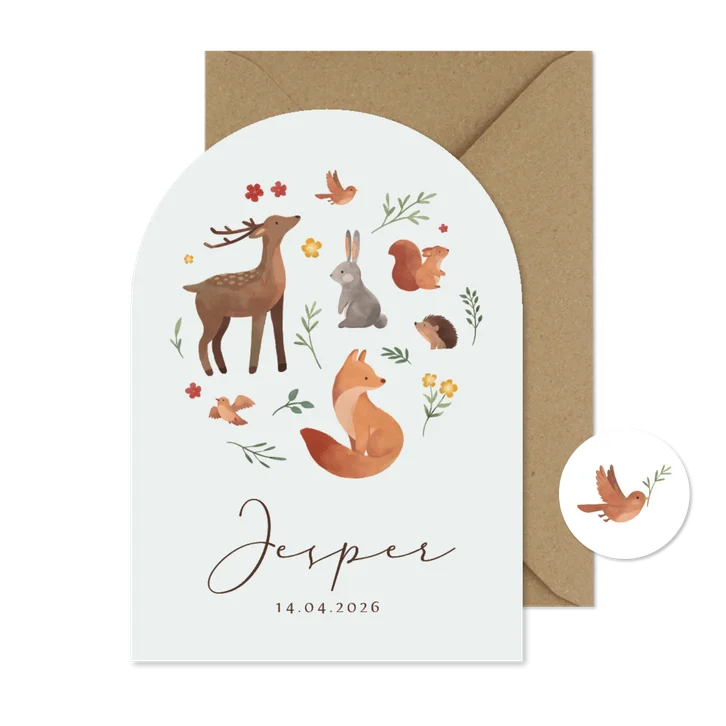 Geboortekaartje boogvorm dieren lente bloemen lief