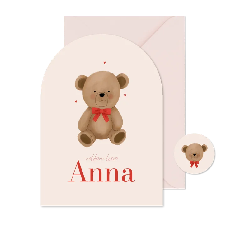 Geboortekaartje boogvorm teddybeer met strik hartjes roze
