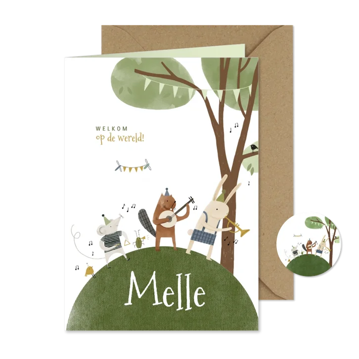 Geboortekaartje boom bosdiertjes en muziekinstrumenten