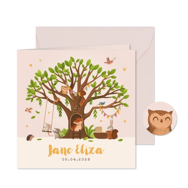 Geboortekaartje boom dieren wiegje hartjes lente zomer
