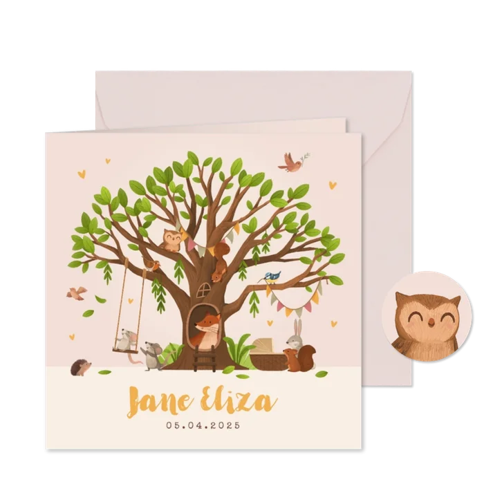Geboortekaartje boom dieren wiegje hartjes lente zomer
