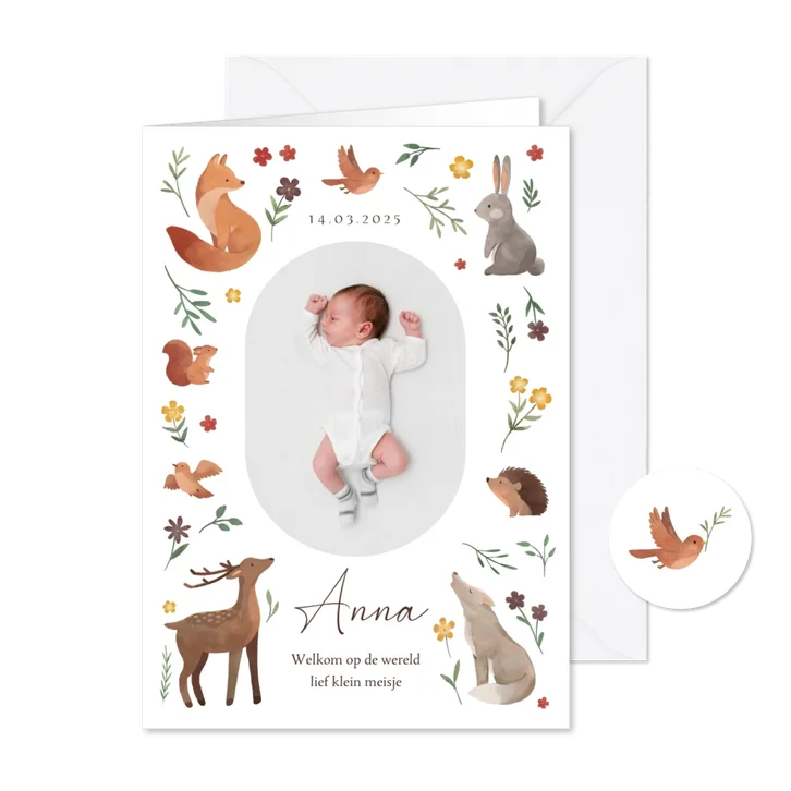  Geboortekaartje bosdieren bloemen natuur kader foto
