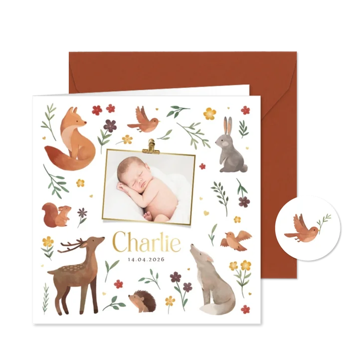 Geboortekaartje bosdieren bloemetjes natuur foto