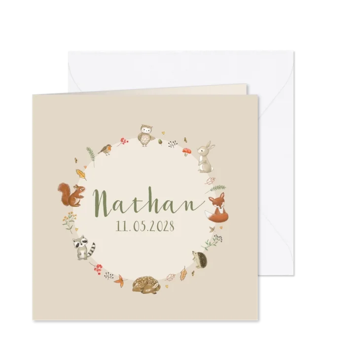 Geboortekaartje - bosdieren in cirkel jongen