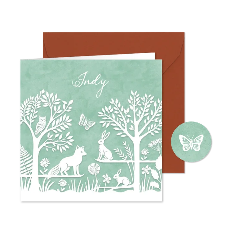 Geboortekaartje bosdieren papierknipkunst groen