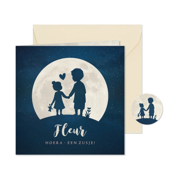 Geboortekaartje broer zusje - silhouet hand in hand met maan