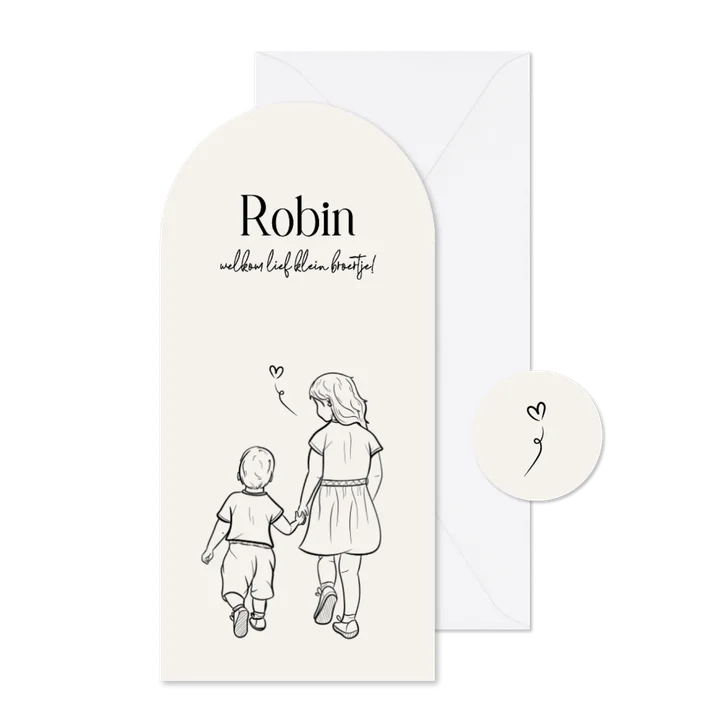 Geboortekaartje broertje boog met lijn illustratie zwart wit