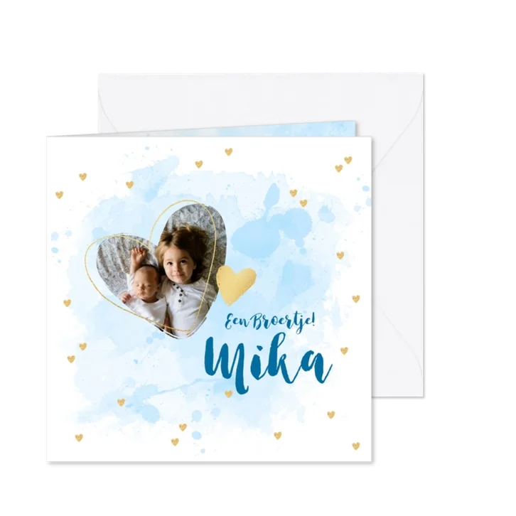Geboortekaartje broertje foto hartjes aquarel