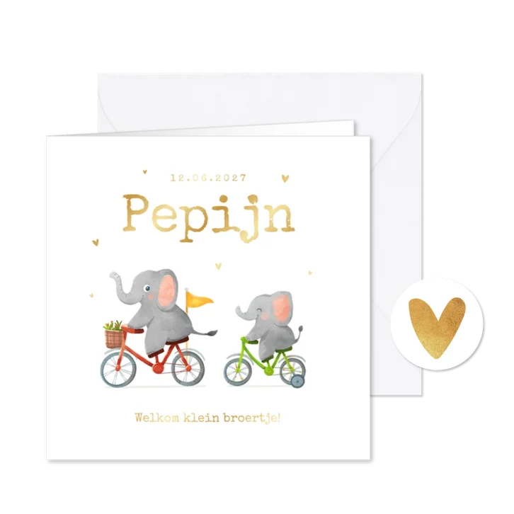 Geboortekaartje broertje hartjes goud olifantjes
