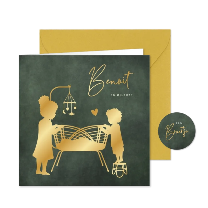 Geboortekaartje broertje in wieg broer en zus met krullen