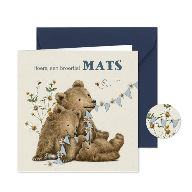 Geboortekaartje broertje met beertjes tussen de bloemen