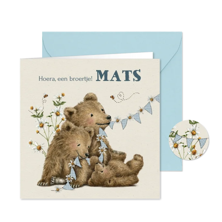 Geboortekaartje broertje met beertjes tussen de bloemen