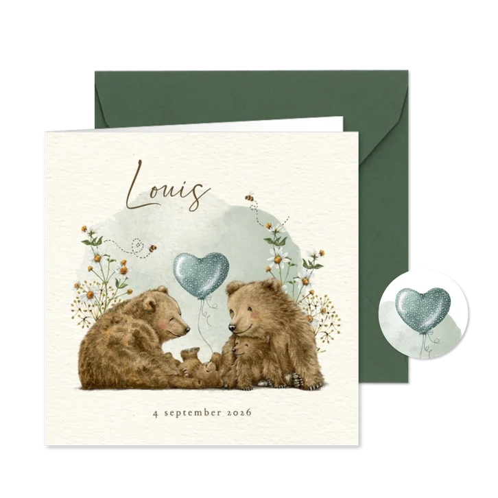 Geboortekaartje broertje met beren familie tussen de bloemen