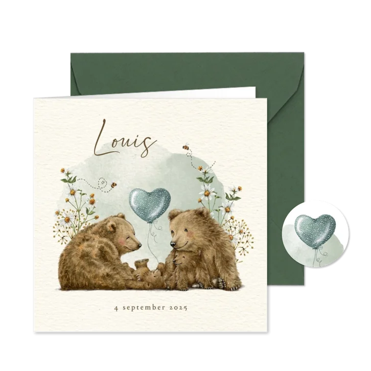 Geboortekaartje broertje met beren familie tussen de bloemen
