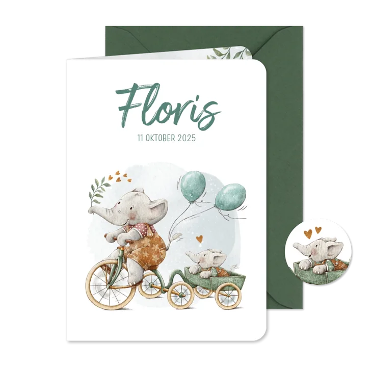 Geboortekaartje broertje met olifantjes op de fiets