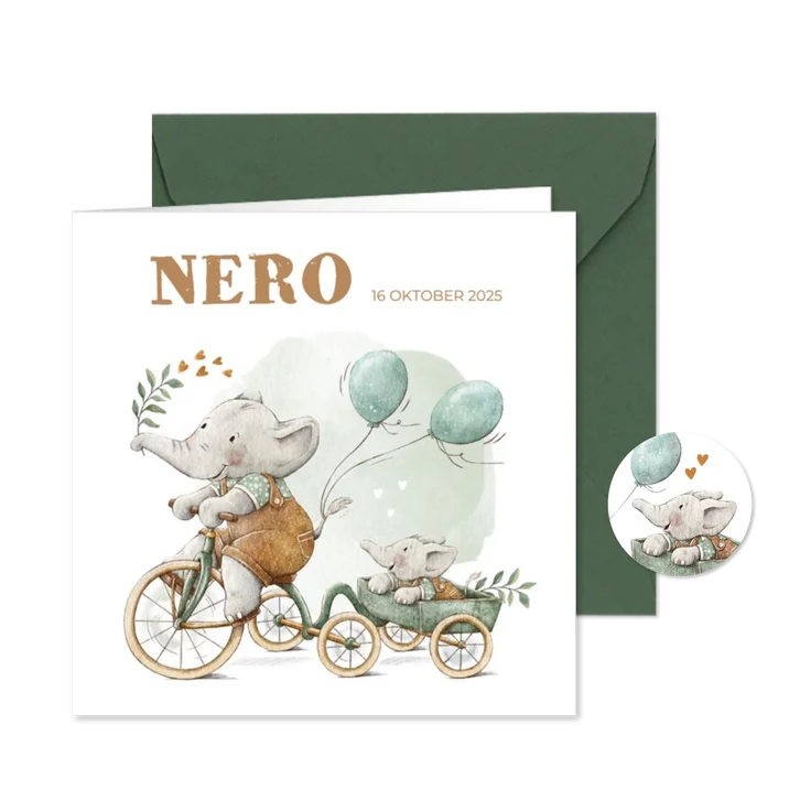 Geboortekaartje broertje met twee olifantjes op de fiets