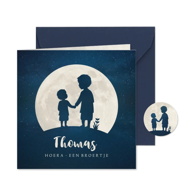 Geboortekaartje broertje silhouet hand in hand met maan