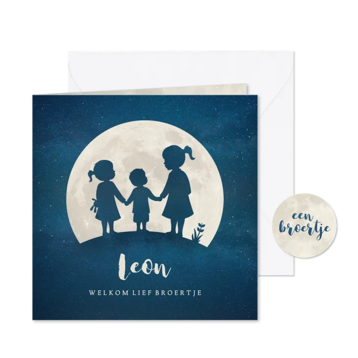 Geboortekaartje broertje silhouet met zussen in volle maan