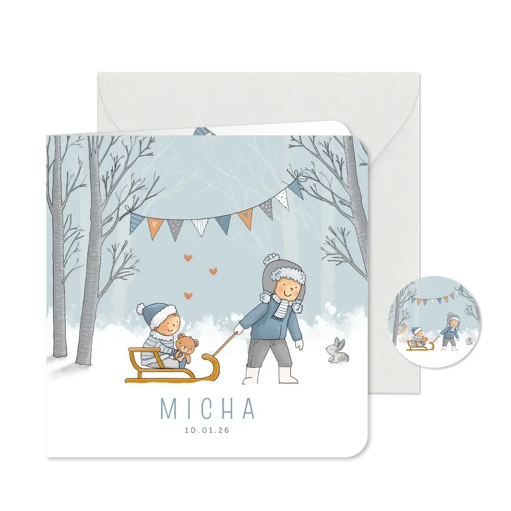 Geboortekaartje broertje trekt slee met baby jongen 