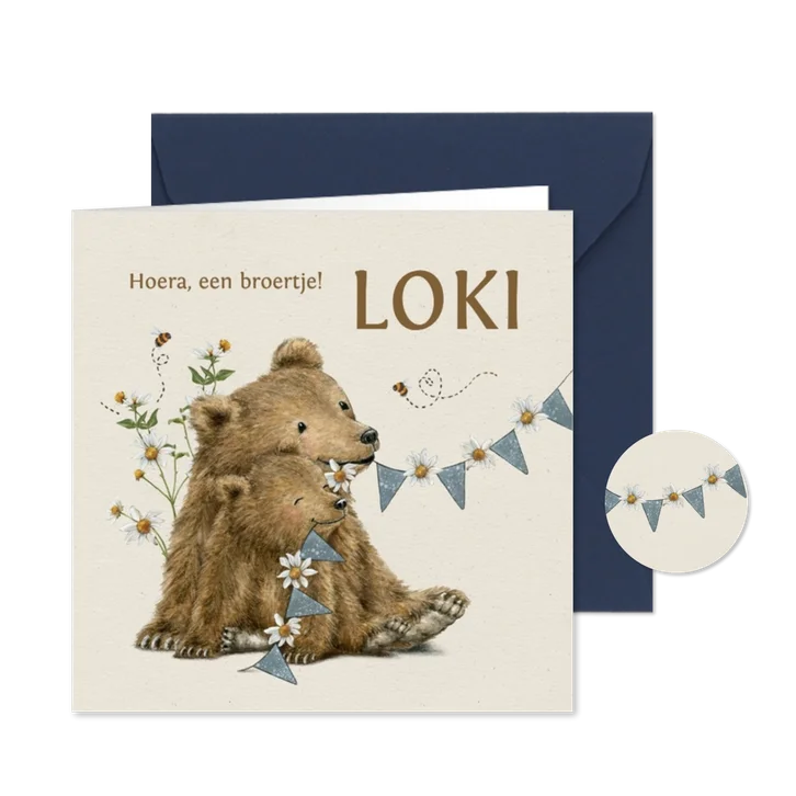 Geboortekaartje broertje twee beertjes bijtjes en bloemen