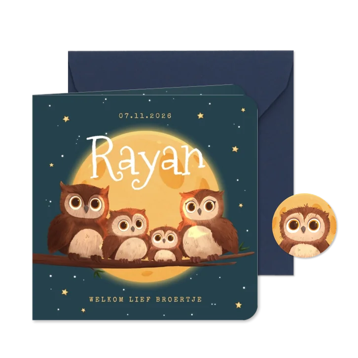 Geboortekaartje broertje uiltjes dieren maan familie
