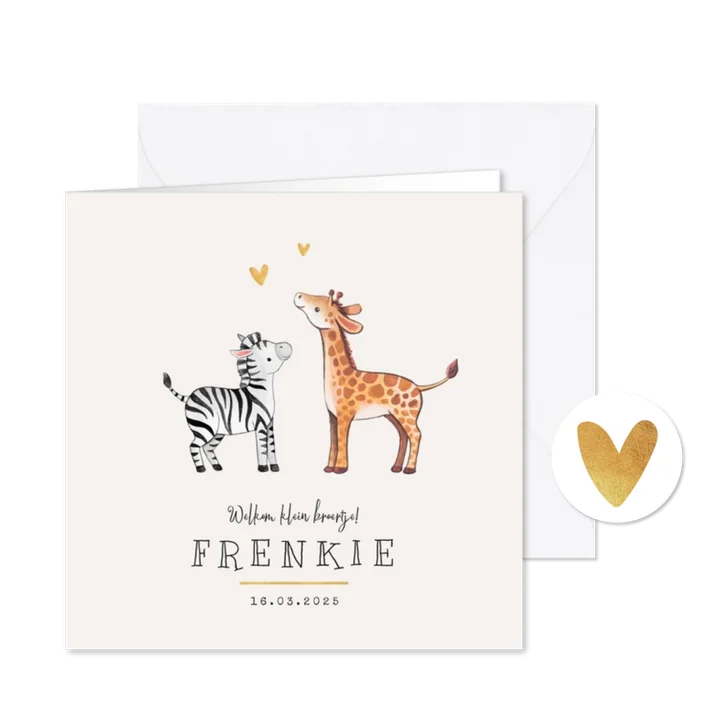 Geboortekaartje broertje zusje giraf zebra hartje goud