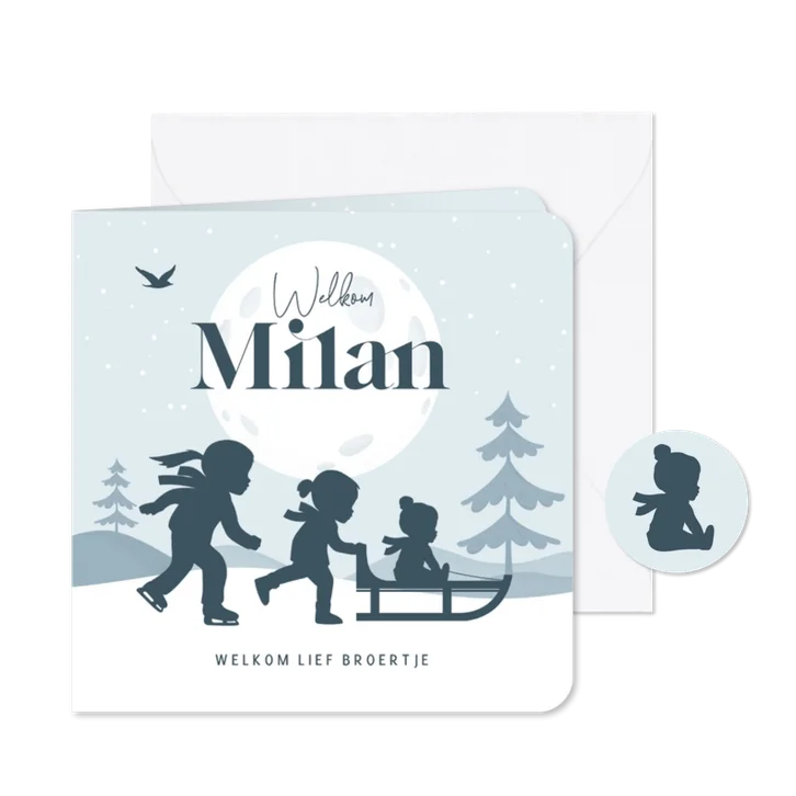 Geboortekaartje broertje zussen winter slee sneeuw silhouet