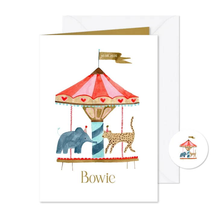 Geboortekaartje carrousel dieren olifant en hartjes 