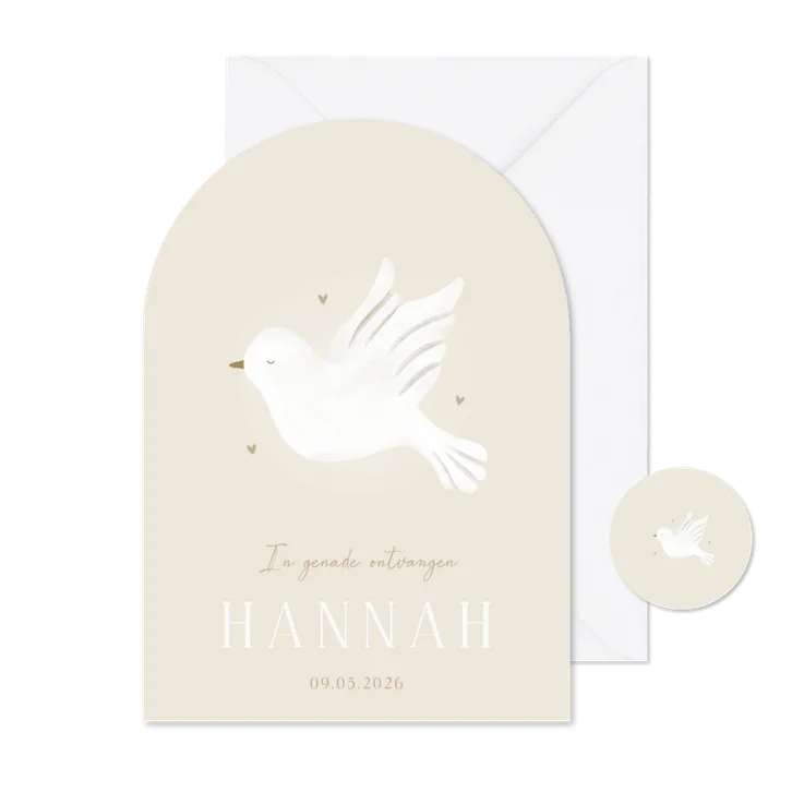 Geboortekaartje christelijk duif hartjes neutraal boogvorm