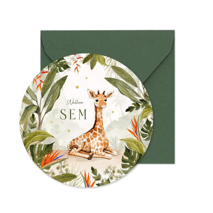 Geboortekaartje cirkel giraf jungle waterverf baby schattig