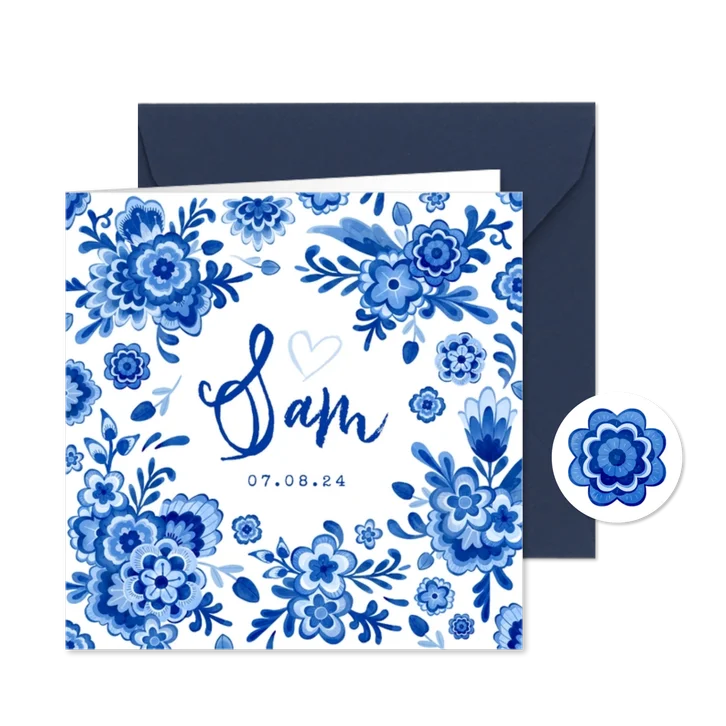 Geboortekaartje delfts blauw bloemen vintage unisex hollands