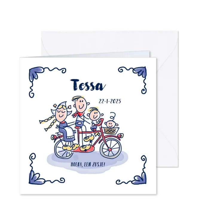 Geboortekaartje delfts blauw met grote broer gezin op fiets