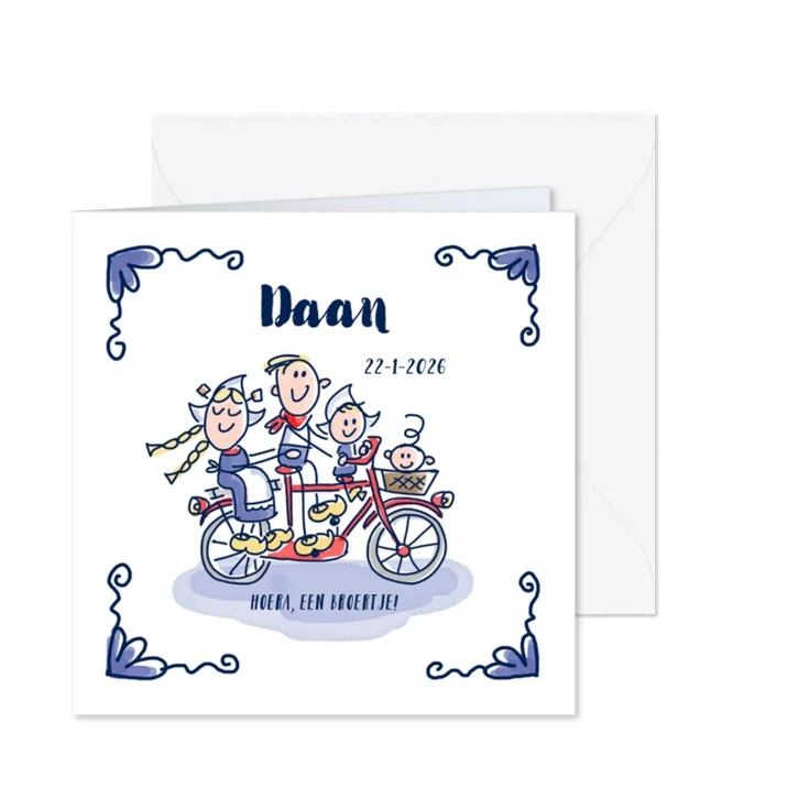 Geboortekaartje delfts blauw met grote zus gezin op fiets
