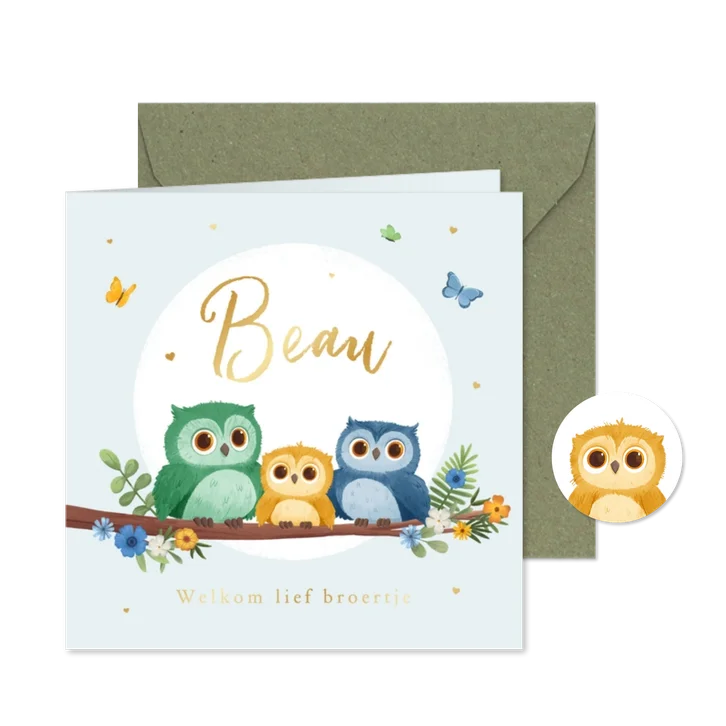 Geboortekaartje derde kindje broertje jongen uiltjes boom