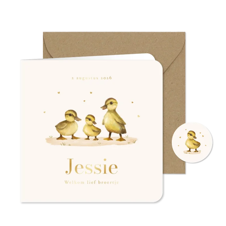 Geboortekaartje derde kindje eendjes lief goud hartjes